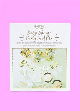 Oh Baby! white and gold theme Party Decorations in a box. 12 x tableware, novelty glasses and advice cards. 1 x 75cm long "Mummy To Be" sash. 1 x 1.5m long "Baby Shower" bunting. 5 x 12" (diameter) confetti balloons. Celebrate a new arrival the only way you know how - by throwing the most extravagant and stylish baby shower the world has ever seen (seriously). This gold theme is completely gender neutral and 100% fabulous! The "Oh Baby!" Party Decorations box includes everything you could ever need to throw a killer baby shower for 12 lucky guests. From gold foiled plates and napkins for nibbles, Mummy To Be sash and novelty gold glasses for Accessories, baby grow-shaped advice cards for entertainment, and of course, gold bunting and confetti-filled balloons as the icing on top of the cake!